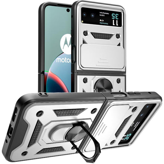Rome Tech Cell Phone Protective Tactical Case with Camera Shutter for Motorola RAZR 2023 (3rd Gen)/ Moto Razr 40 - Heavy Duty Armor Cover with Magnetic Kickstand - Military Grade Moto Razer - Silver